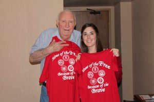 Grandpa & I with the matching shirts I bought for us at Arizona StandDown. (Polo for him, V-neck for me.) They say "Land of the Free, Because of the Brave!" on the back, with the symbols for all of the armed forces. On the front it says "Thank You Troops." The proceeds went to funding the next Arizona StandDown!
