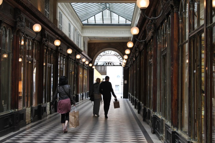 Walking through an indoor arcade on our way to the Louvre