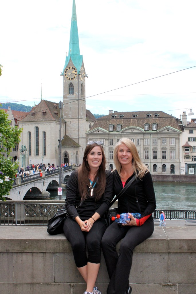 Mom and I sitting in the plaza in front of the Grossmunster, with the Fraumunster (another cathedral) behind us!